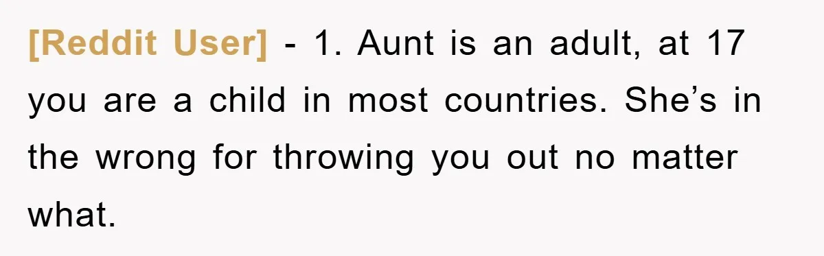 [Reddit User] − 1. Aunt is an adult, at 17 you are a child in most countries. She’s in the wrong for throwing you out no matter what.