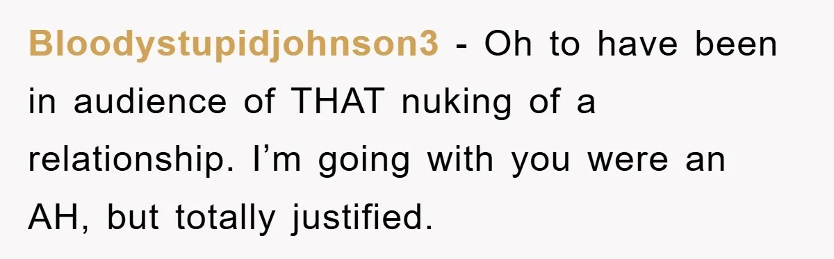 Bloodystupidjohnson3 − Oh to have been in audience of THAT nuking of a relationship. I’m going with you were an AH, but totally justified.