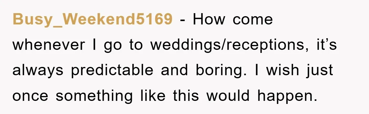 Busy_Weekend5169 − How come whenever I go to weddings/receptions, it’s always predictable and boring. I wish just once something like this would happen.