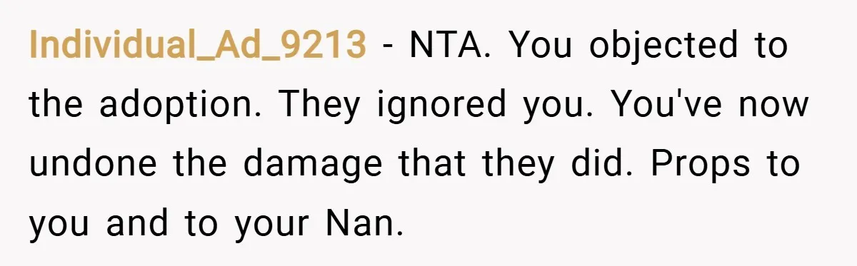 Individual_Ad_9213 − NTA. You objected to the adoption. They ignored you. You've now undone the damage that they did. Props to you and to your Nan.