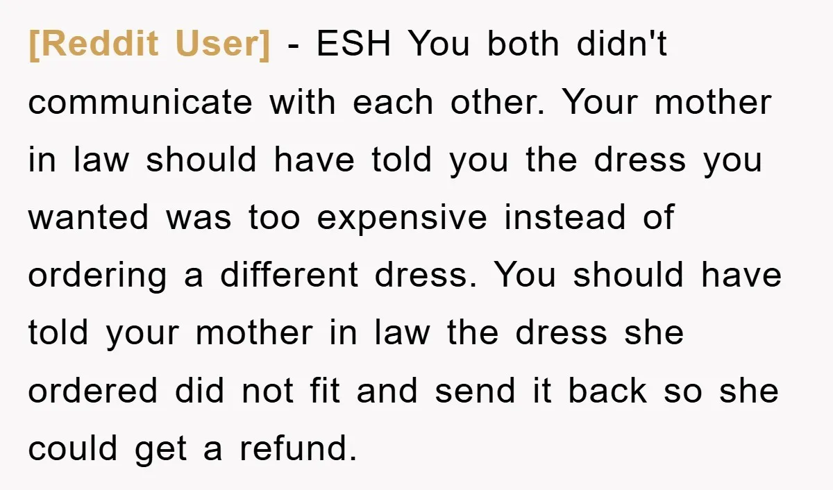 [Reddit User] − ESH You both didn't communicate with each other. Your mother in law should have told you the dress you wanted was too expensive instead of ordering a...