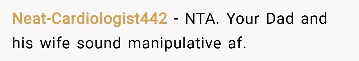 Neat-Cardiologist442 − NTA. Your Dad and his wife sound manipulative af.