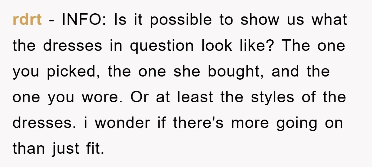 rdrt − INFO: Is it possible to show us what the dresses in question look like? The one you picked, the one she bought, and the one you wore. Or...