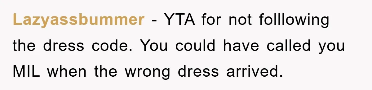 Lazyassbummer − YTA for not folllowing the dress code. You could have called you MIL when the wrong dress arrived.