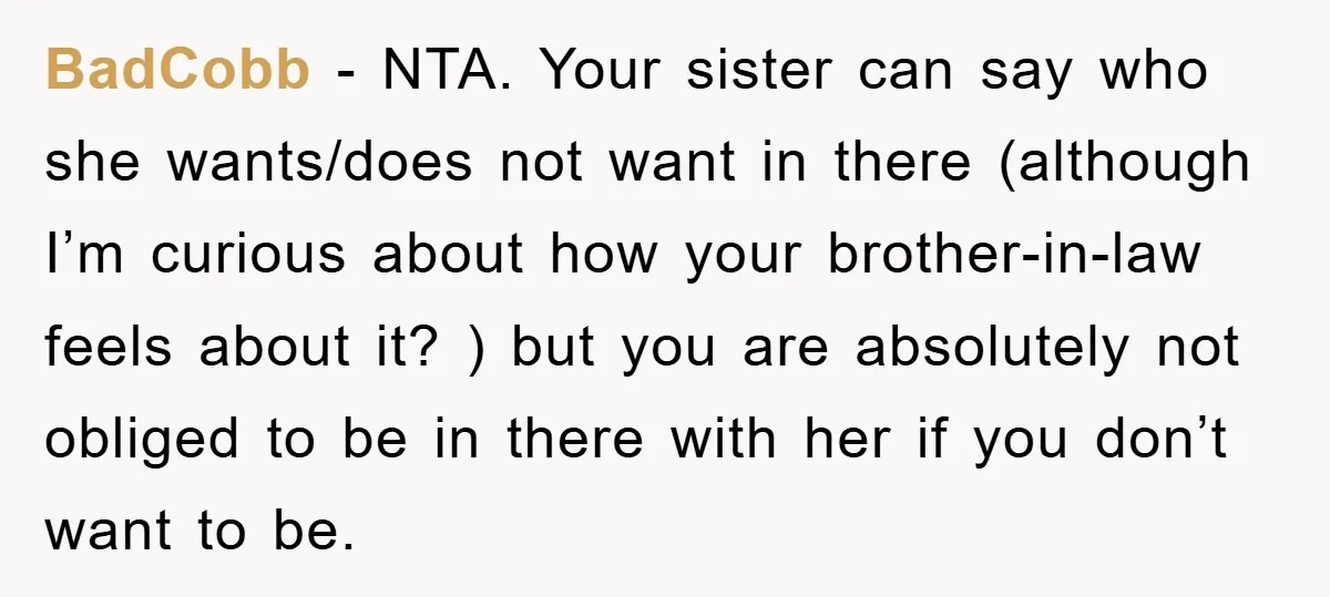 BadCobb − NTA. Your sister can say who she wants/does not want in there (although I’m curious about how your brother-in-law feels about it? ) but you are absolutely not...