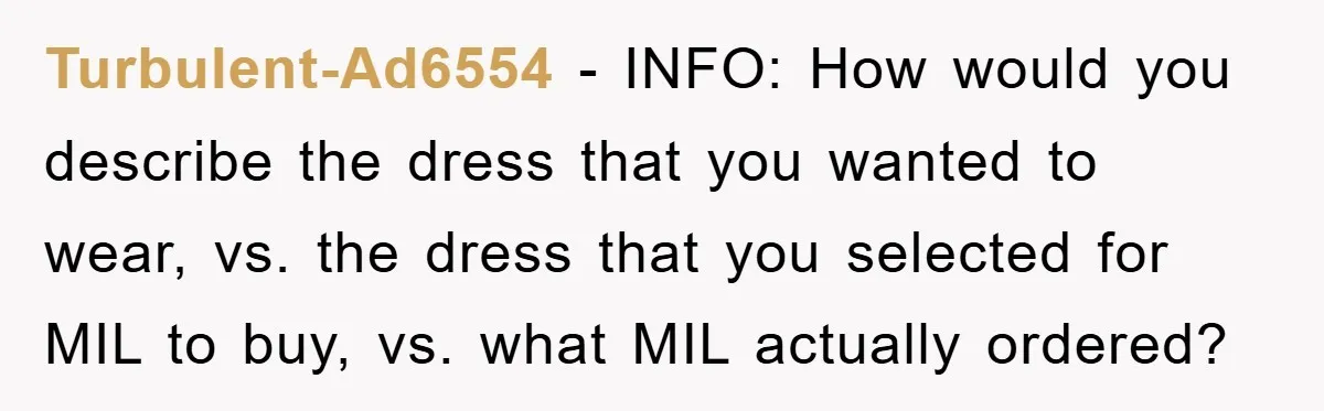 Turbulent-Ad6554 − INFO: How would you describe the dress that you wanted to wear, vs. the dress that you selected for MIL to buy, vs. what MIL actually ordered?