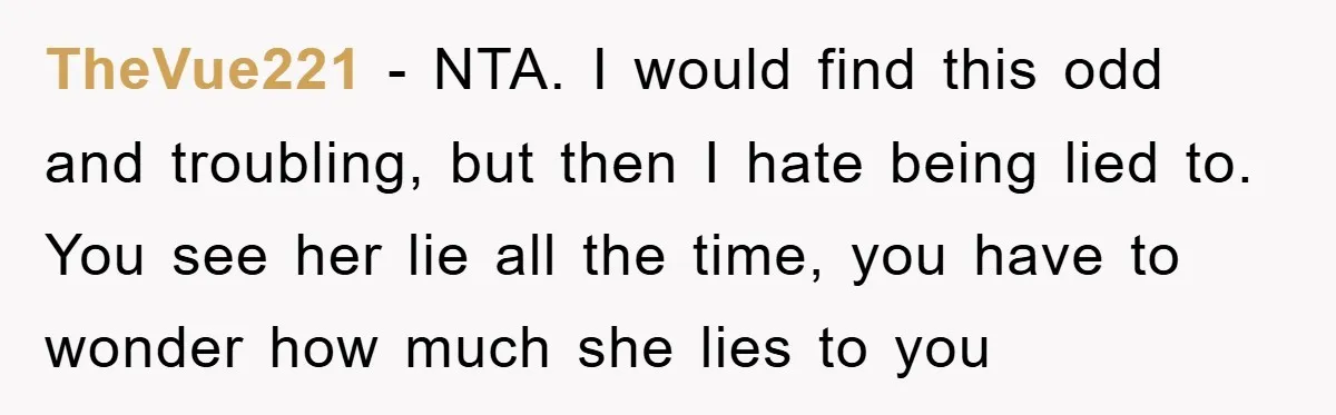 TheVue221 − NTA. I would find this odd and troubling, but then I hate being lied to. You see her lie all the time, you have to wonder how much...