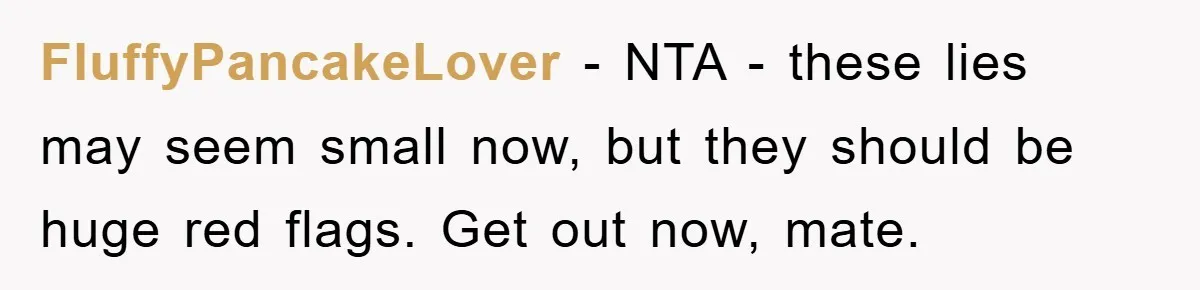 FluffyPancakeLover − NTA - these lies may seem small now, but they should be huge red flags. Get out now, mate.