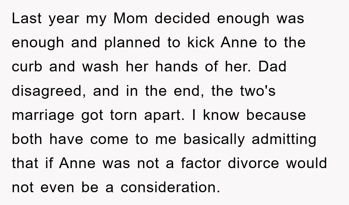 Last year my Mom decided enough was enough and planned to kick Anne to the curb and wash her hands of her. Dad disagreed, and in the end, the two's...
