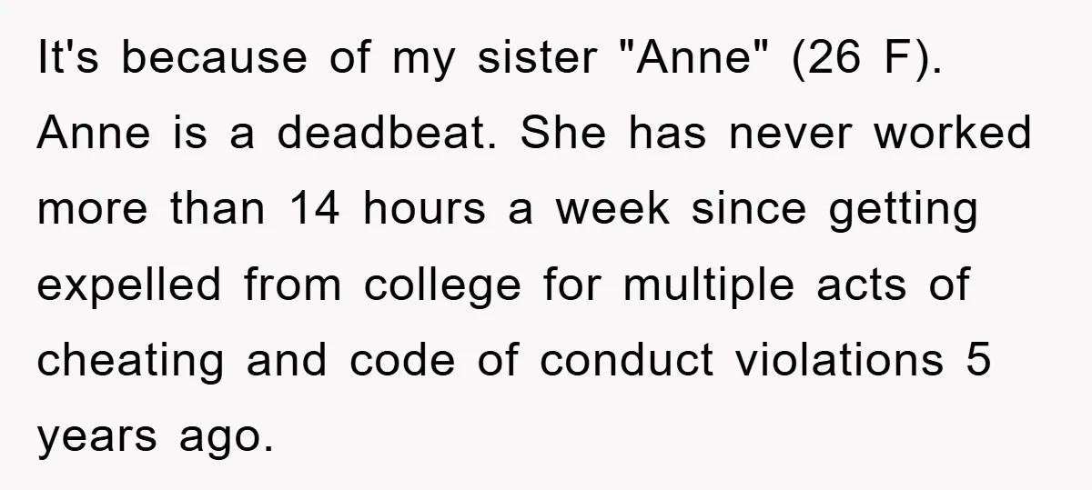 It's because of my sister "Anne" (26 F). Anne is a deadbeat. She has never worked more than 14 hours a week since getting expelled from college for multiple acts...