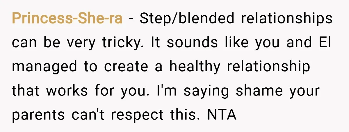 Princess-She-ra − Step/blended relationships can be very tricky. It sounds like you and El managed to create a healthy relationship that works for you. I'm saying shame your parents can't...