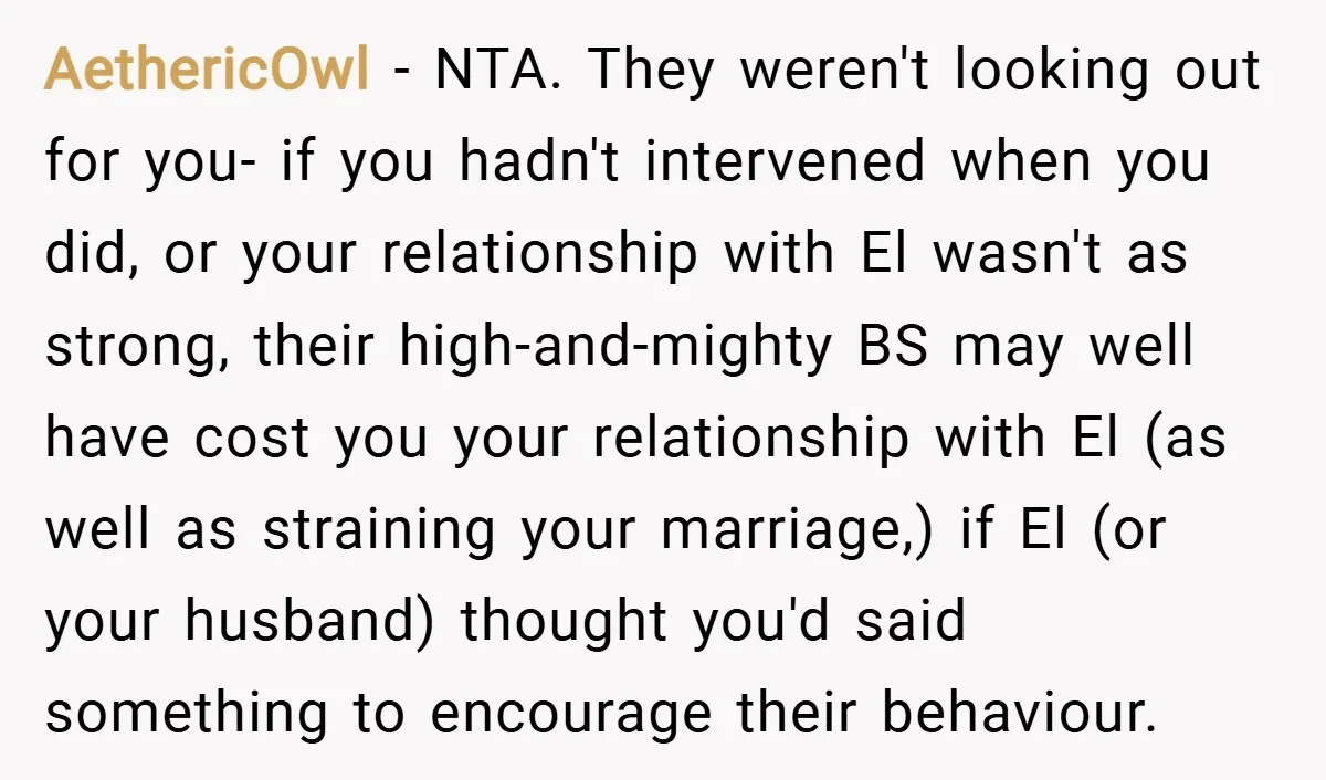 AethericOwl − NTA. They weren't looking out for you- if you hadn't intervened when you did, or your relationship with El wasn't as strong, their high-and-mighty BS may well have...
