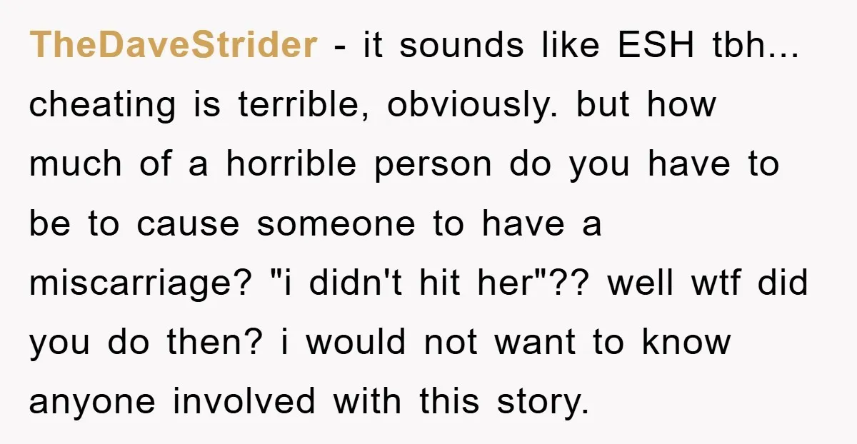 TheDaveStrider − it sounds like ESH tbh... cheating is terrible, obviously. but how much of a horrible person do you have to be to cause someone to have a miscarriage?...