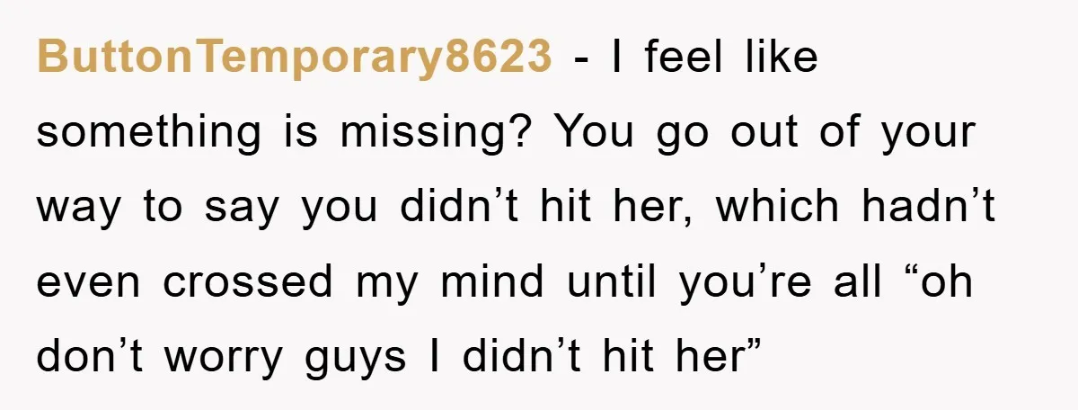 ButtonTemporary8623 − I feel like something is missing? You go out of your way to say you didn’t hit her, which hadn’t even crossed my mind until you’re all “oh...