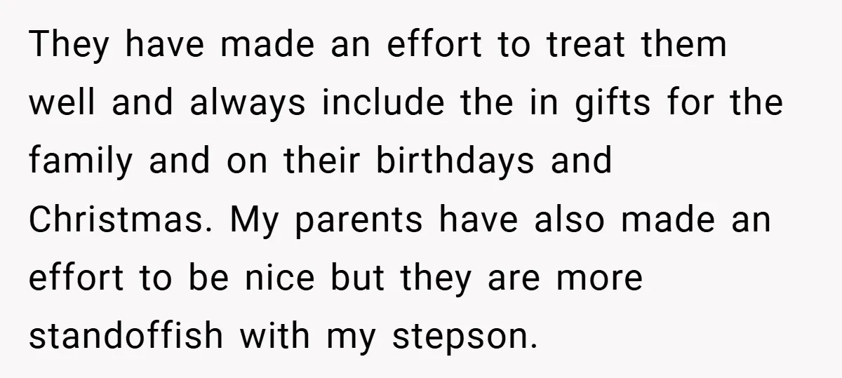 They have made an effort to treat them well and always include the in gifts for the family and on their birthdays and Christmas. My parents have also made an...