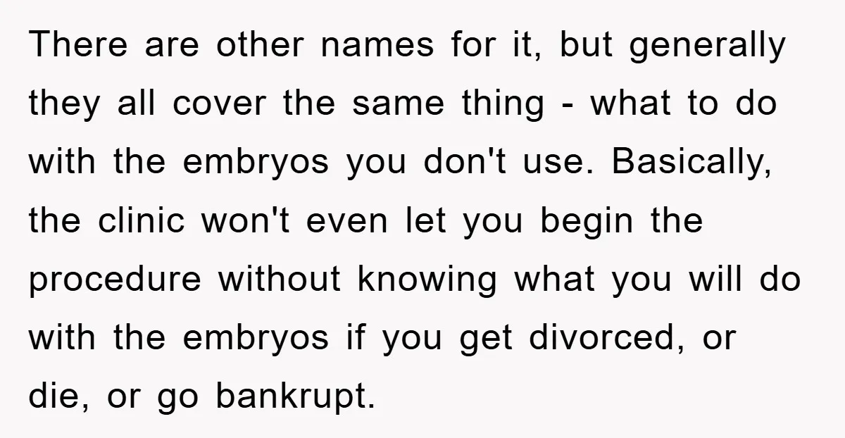 There are other names for it, but generally they all cover the same thing - what to do with the embryos you don't use. Basically, the clinic won't even let...