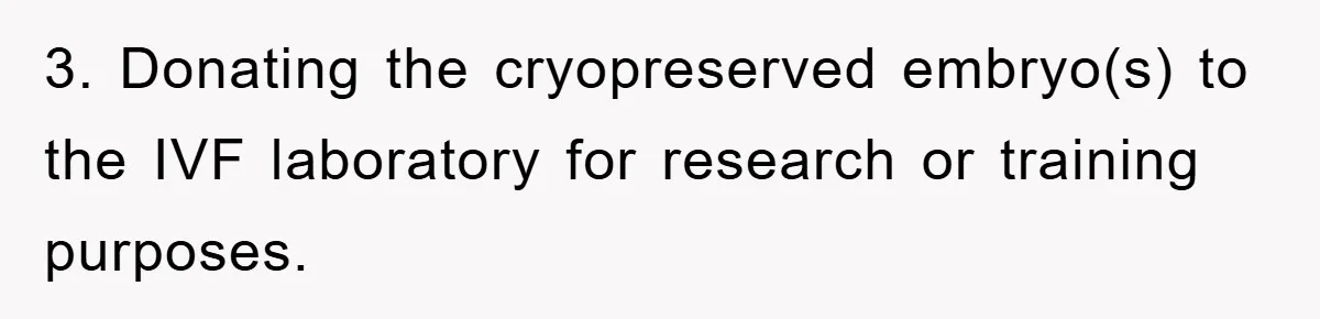 3. Donating the cryopreserved embryo(s) to the IVF laboratory for research or training purposes.