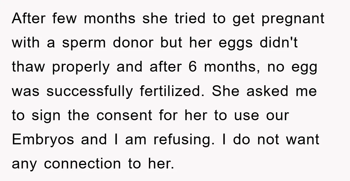 After few months she tried to get pregnant with a sperm donor but her eggs didn't thaw properly and after 6 months, no egg was successfully fertilized. She asked me...