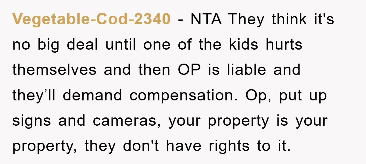 Vegetable-Cod-2340 − NTA They think it's no big deal until one of the kids hurts themselves and then OP is liable and they’ll demand compensation. Op, put up signs and...