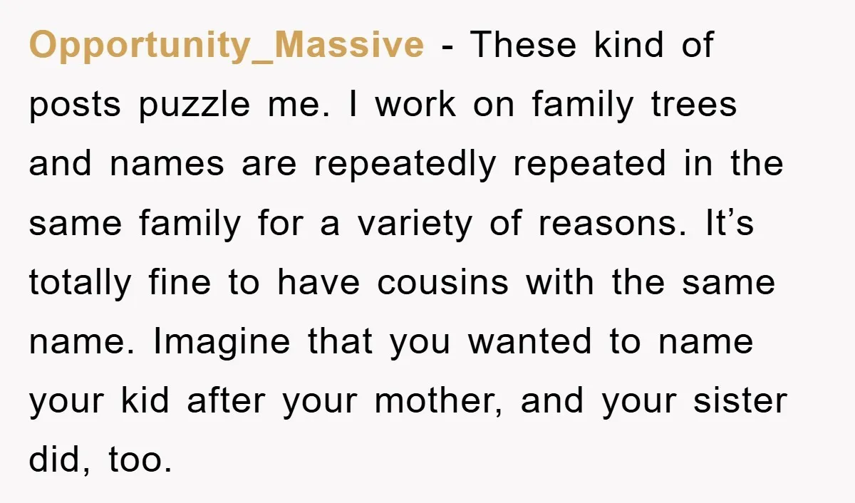 Opportunity_Massive − These kind of posts puzzle me. I work on family trees and names are repeatedly repeated in the same family for a variety of reasons. It’s totally fine...