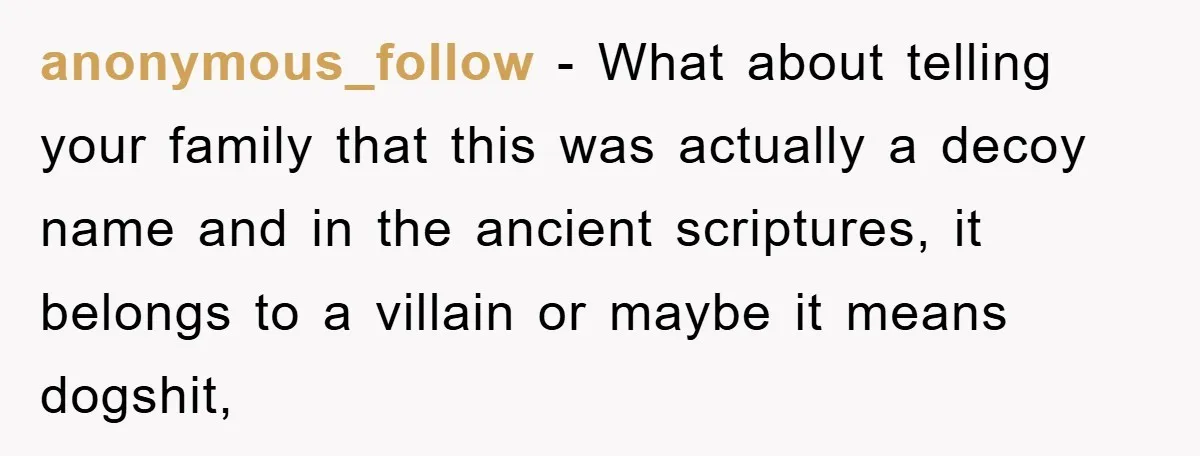 anonymous_follow − What about telling your family that this was actually a decoy name and in the ancient scriptures, it belongs to a villain or maybe it means dogshit,