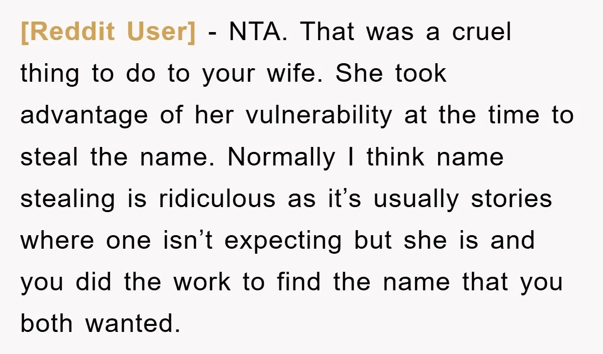 [Reddit User] − NTA. That was a cruel thing to do to your wife. She took advantage of her vulnerability at the time to steal the name. Normally I think...
