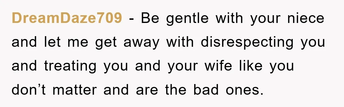DreamDaze709 − Be gentle with your niece and let me get away with disrespecting you and treating you and your wife like you don’t matter and are the bad ones.