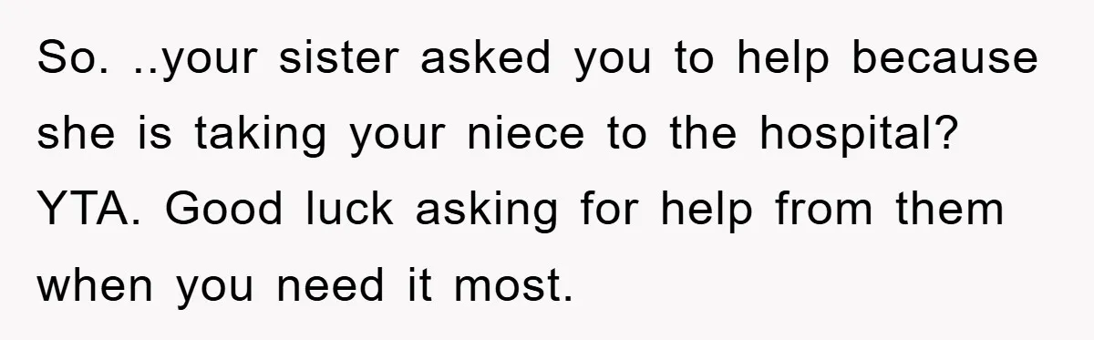 So. ..your sister asked you to help because she is taking your niece to the hospital? YTA. Good luck asking for help from them when you need it most.