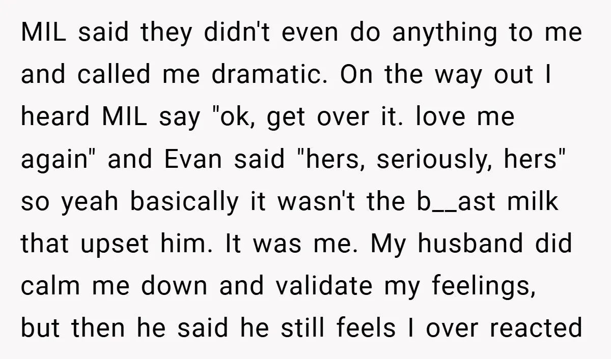 MIL said they didn't even do anything to me and called me dramatic. On the way out I heard MIL say "ok, get over it. love me again" and Evan...