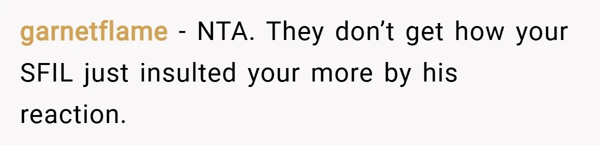 garnetflame − NTA. They don’t get how your SFIL just insulted your more by his reaction.