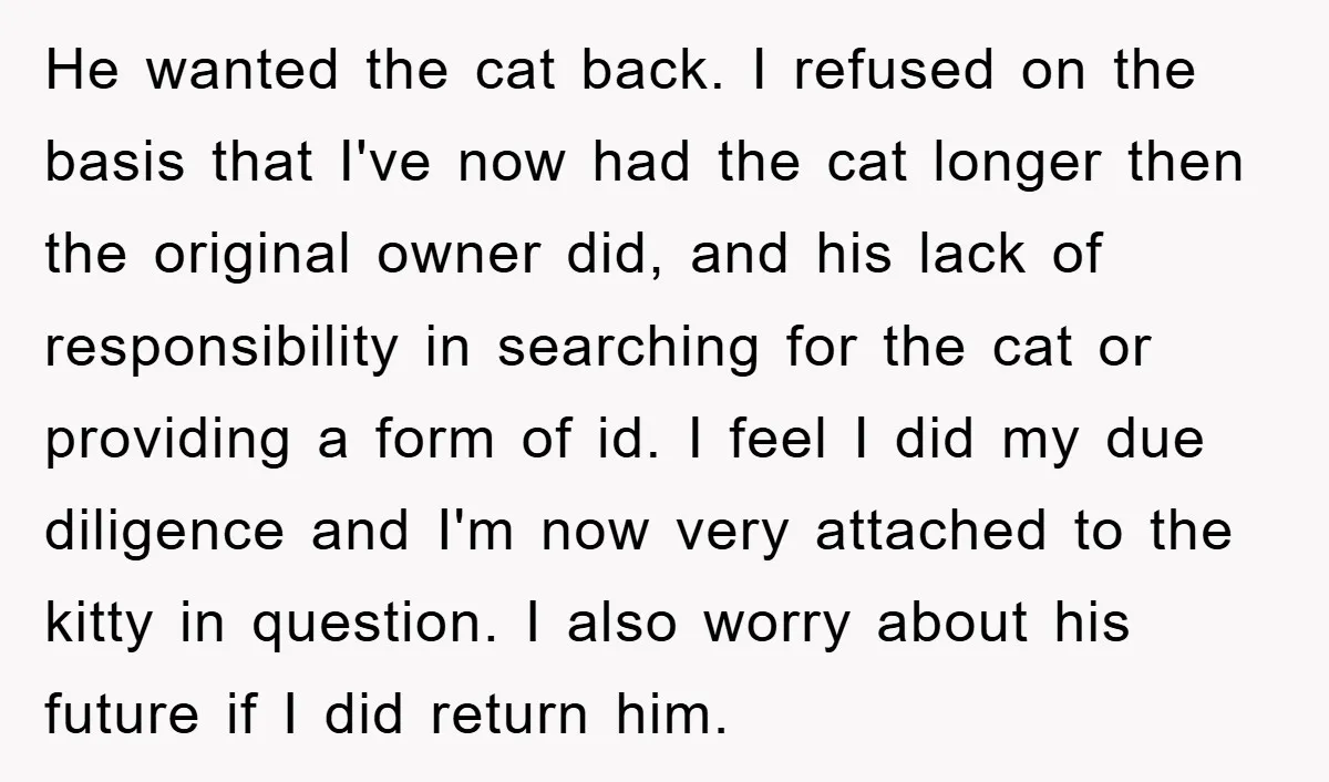 He wanted the cat back. I refused on the basis that I've now had the cat longer then the original owner did, and his lack of responsibility in searching for...