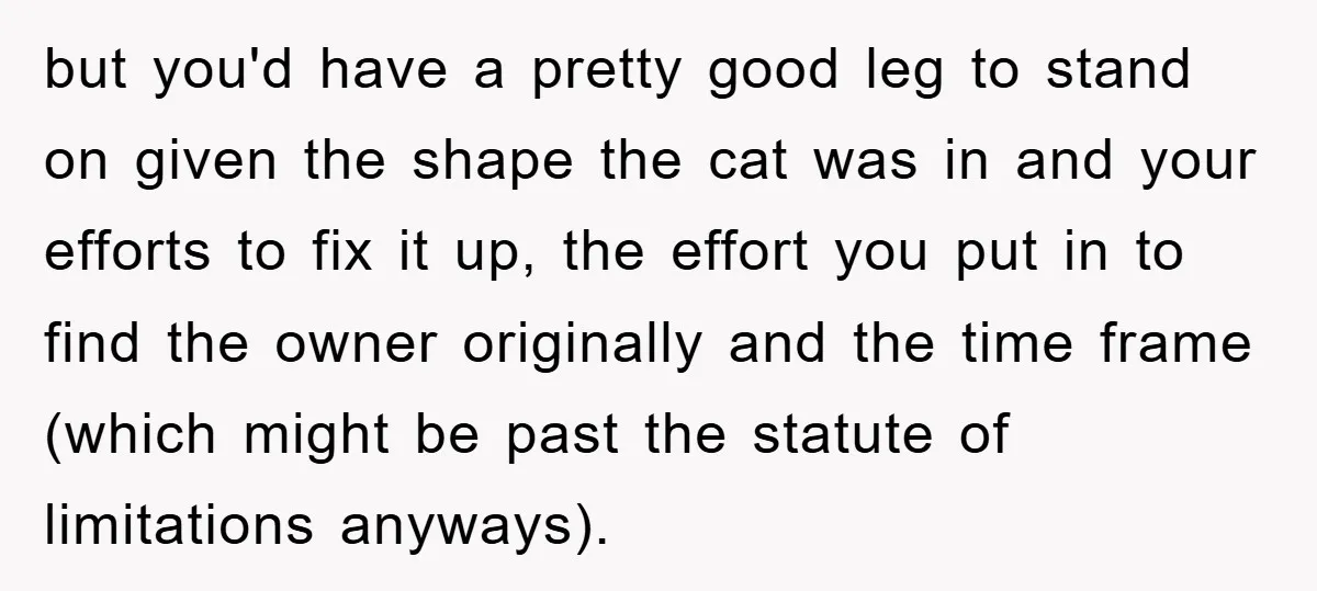 but you'd have a pretty good leg to stand on given the shape the cat was in and your efforts to fix it up, the effort you put in to...