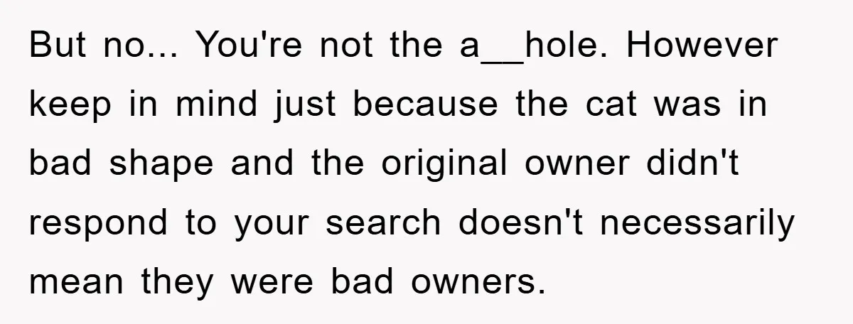 But no... You're not the a__hole. However keep in mind just because the cat was in bad shape and the original owner didn't respond to your search doesn't necessarily mean...