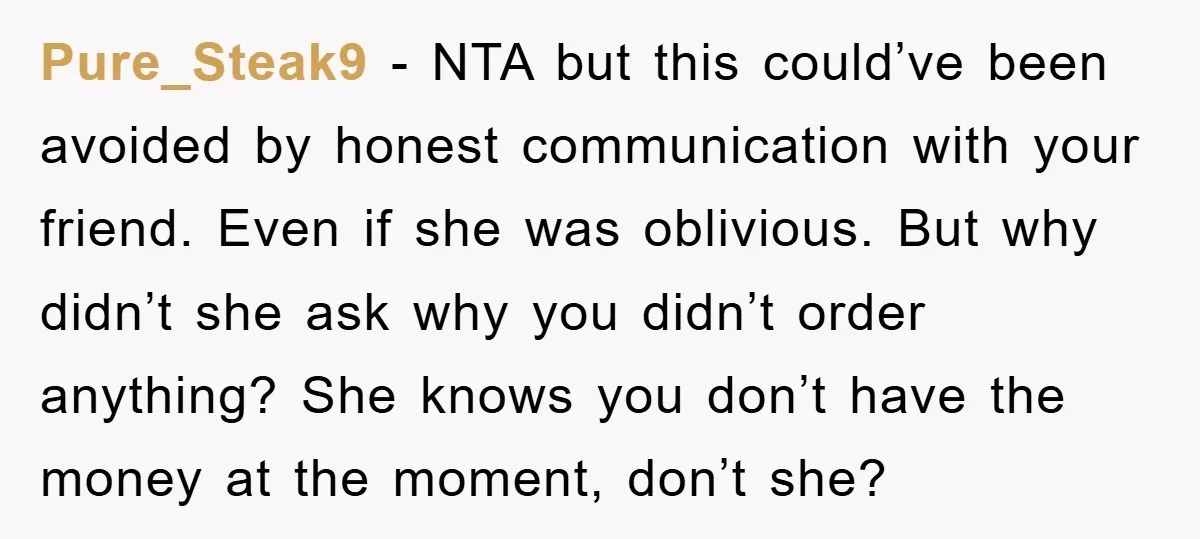 Pure_Steak9 − NTA but this could’ve been avoided by honest communication with your friend. Even if she was oblivious. But why didn’t she ask why you didn’t order anything? She...