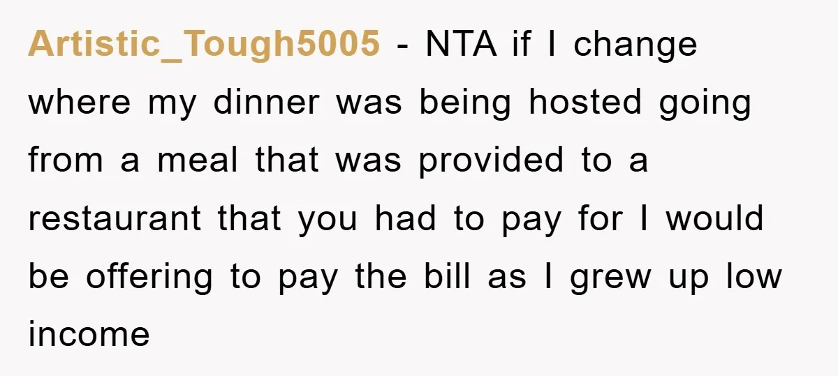 Artistic_Tough5005 − NTA if I change where my dinner was being hosted going from a meal that was provided to a restaurant that you had to pay for I would...