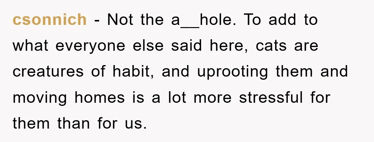 csonnich − Not the a__hole. To add to what everyone else said here, cats are creatures of habit, and uprooting them and moving homes is a lot more stressful for...