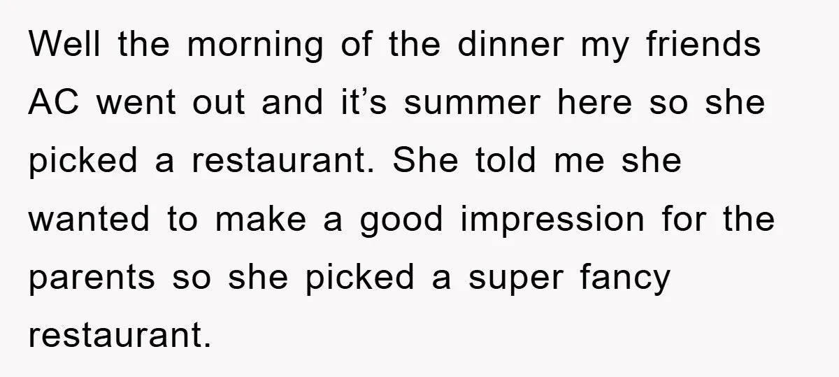 Well the morning of the dinner my friends AC went out and it’s summer here so she picked a restaurant. She told me she wanted to make a good impression...