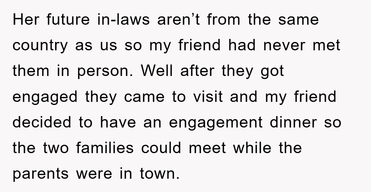 Her future in-laws aren’t from the same country as us so my friend had never met them in person. Well after they got engaged they came to visit and my...