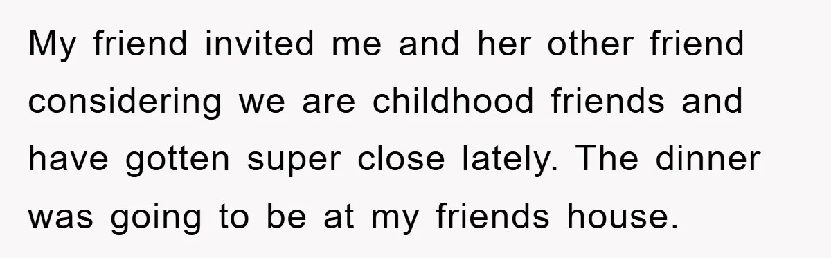 My friend invited me and her other friend considering we are childhood friends and have gotten super close lately. The dinner was going to be at my friends house.