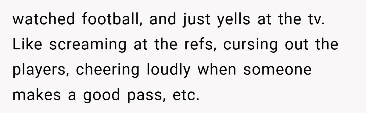 watched football, and just yells at the tv. Like screaming at the refs, cursing out the players, cheering loudly when someone makes a good pass, etc.