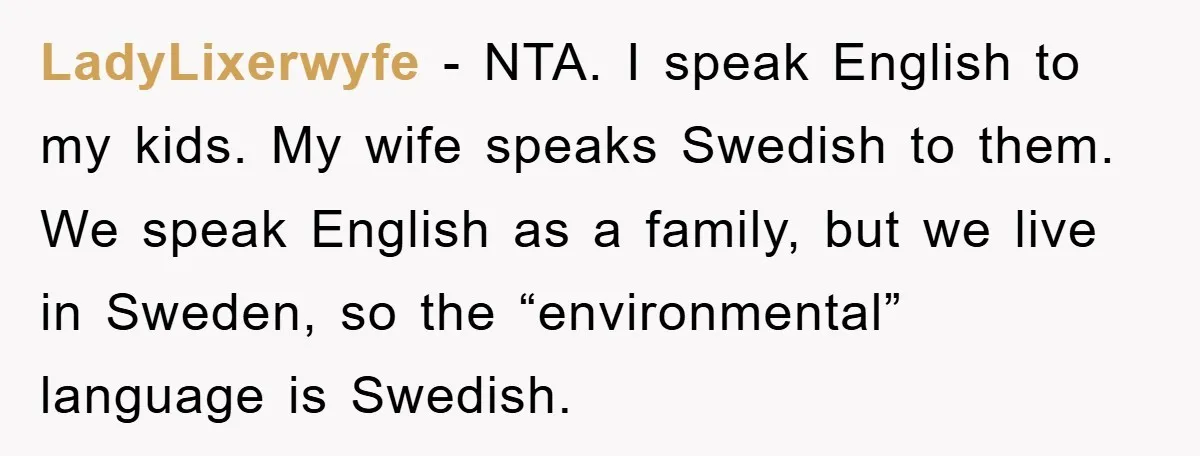 LadyLixerwyfe − NTA. I speak English to my kids. My wife speaks Swedish to them. We speak English as a family, but we live in Sweden, so the “environmental” language...