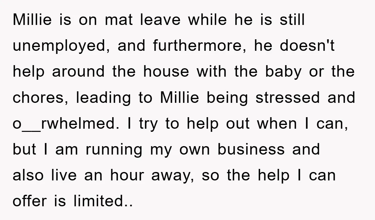 Millie is on mat leave while he is still unemployed, and furthermore, he doesn't help around the house with the baby or the chores, leading to Millie being stressed and...