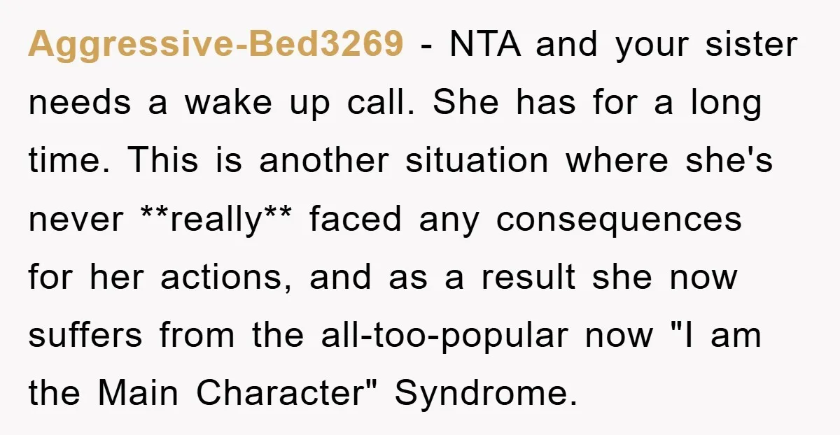 Aggressive-Bed3269 − NTA and your sister needs a wake up call. She has for a long time. This is another situation where she's never **really** faced any consequences for her...