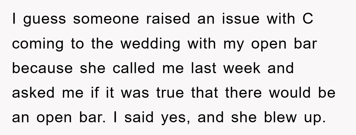 I guess someone raised an issue with C coming to the wedding with my open bar because she called me last week and asked me if it was true that...