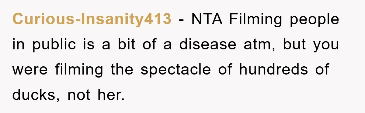 Curious-Insanity413 − NTA Filming people in public is a bit of a disease atm, but you were filming the spectacle of hundreds of ducks, not her.