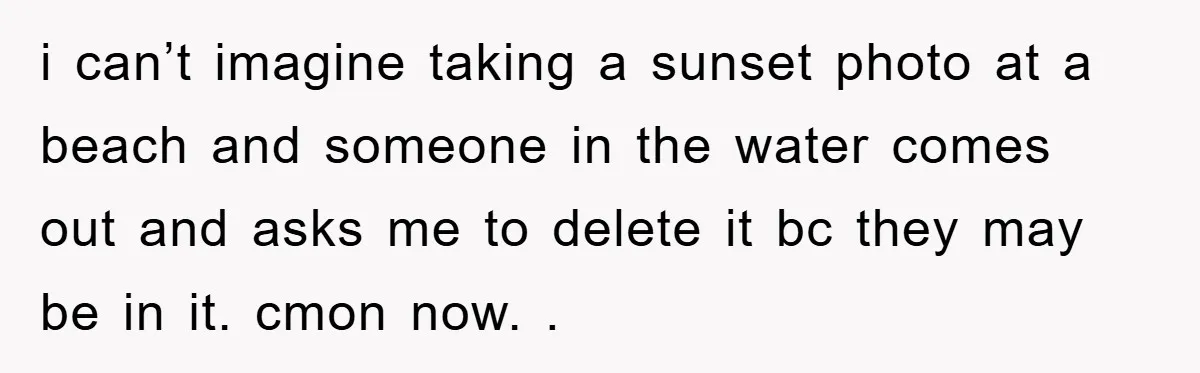 i can’t imagine taking a sunset photo at a beach and someone in the water comes out and asks me to delete it bc they may be in it. cmon...