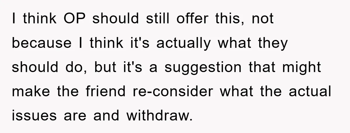 I think OP should still offer this, not because I think it's actually what they should do, but it's a suggestion that might make the friend re-consider what the actual...