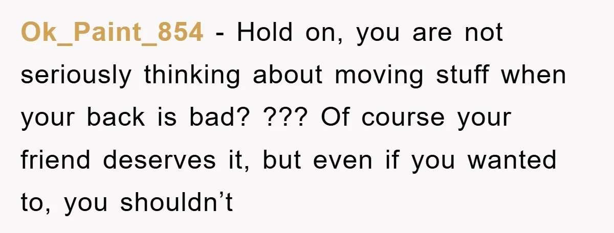 Ok_Paint_854 − Hold on, you are not seriously thinking about moving stuff when your back is bad? ??? Of course your friend deserves it, but even if you wanted to,...