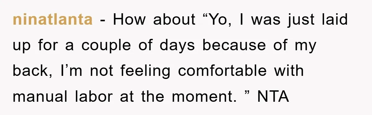ninatlanta − How about “Yo, I was just laid up for a couple of days because of my back, I’m not feeling comfortable with manual labor at the moment. ”...