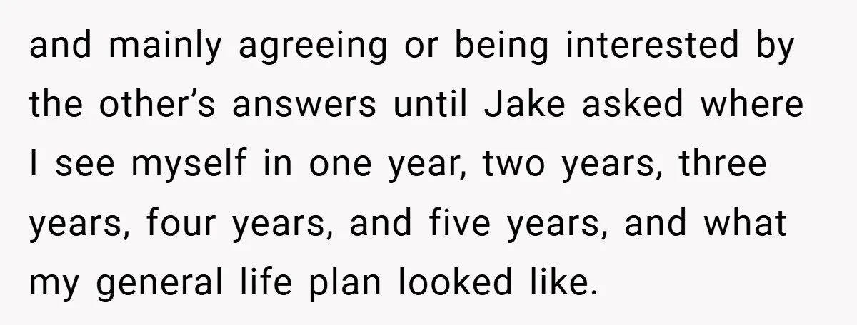 and mainly agreeing or being interested by the other’s answers until Jake asked where I see myself in one year, two years, three years, four years, and five years, and...